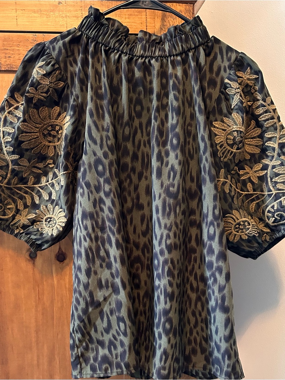 THML Leopard Print Puff Sleeve Blouse with Gold Floral Embroidery Green & Black